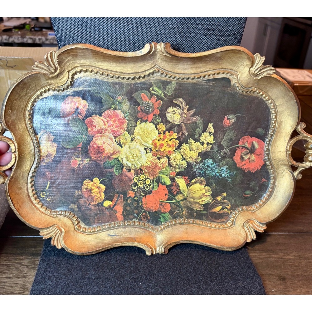 Vintage Florentine Gold Gilt Wood Floral Serving Tray Italian Style Ornate 15in